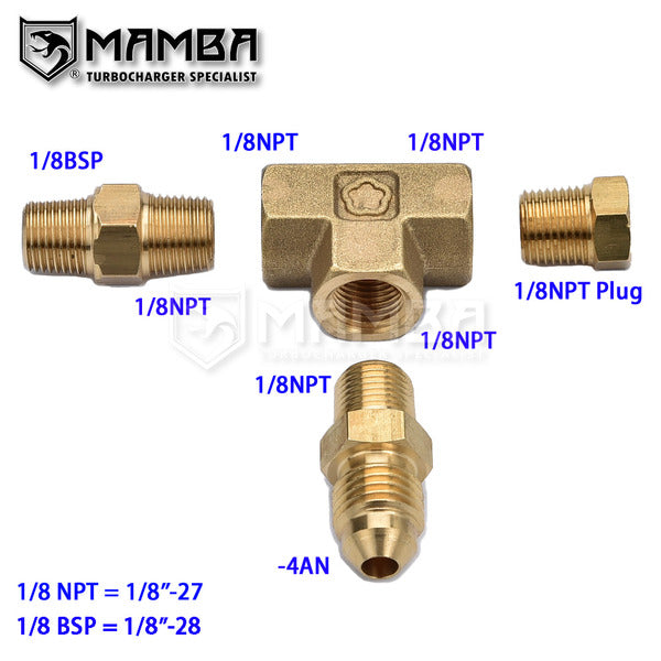 Mamba 3 Way 4AN 1/8" NPT BSPT Tee T Adapter Fitting Turbocharger Oil Feed Pressure Sensor