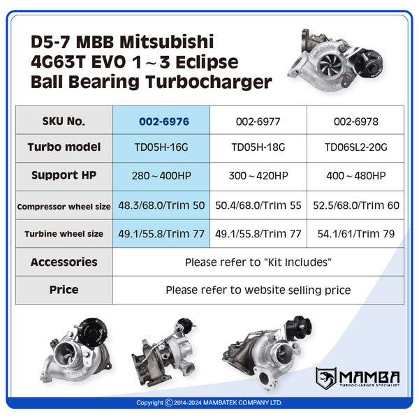 Mamba D5-7 MBB Mitsubishi 4G63T EVO 1~3 Eclipse Ball Bearing Turbocharger — TD05H-16G