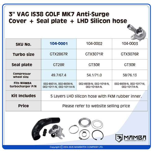 Mamba GOLF MK7 IS38 3" Anti-Surge Turbo Compressor Housing + LHD Silicon Hose — GTX2867R