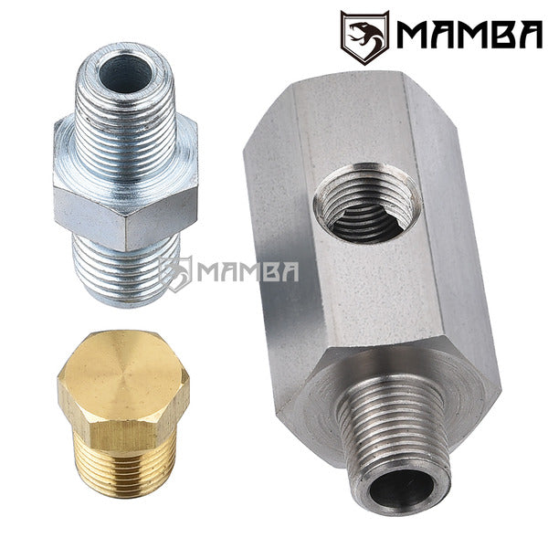 Mamba 1/8" NPT Oil Pressure Sensor Tee to BSPT Adapter Fitting Turbocharger Oil Feed Line