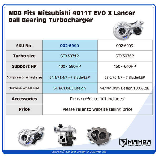 Mamba MBB Fits Mitsubishi 4B11T EVO X Lancer Ball Bearing Turbocharger — GTX3071R