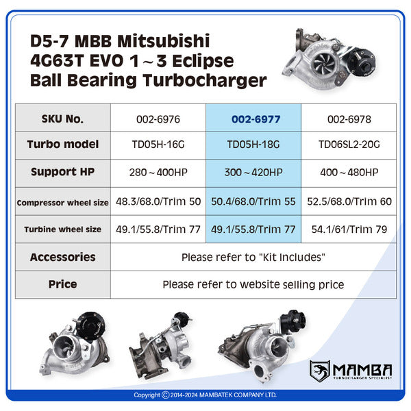 Mamba D5-7 MBB Mitsubishi 4G63T EVO 1~3 Eclipse Ball Bearing Turbocharger — TD05H-18G