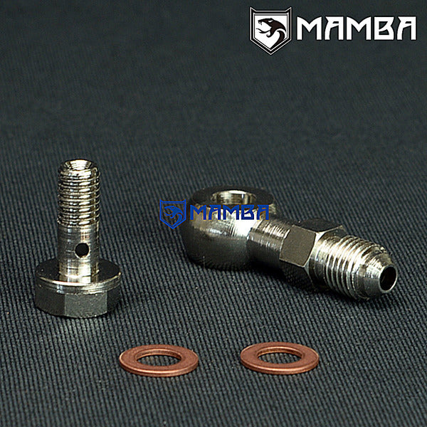 Mamba 4AN to M8x1.25 Turbocharger Oil Feed Banjo Bolt Kit Hitachi HT06 IHI RHB3 RHF3 w/ 2.5mm