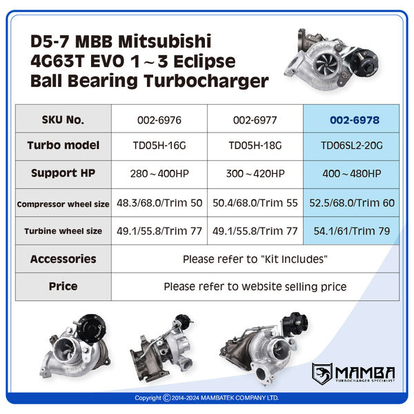 Mamba D5-7 MBB Mitsubishi 4G63T EVO 1~3 Eclipse Ball Bearing Turbocharger — TD06SL2-20G