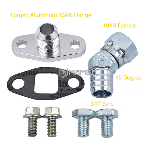 Mamba 45Deg 3/4" Turbocharger oil return barb fitting 360D Horiz' rotation T3/T4 T04B T04E