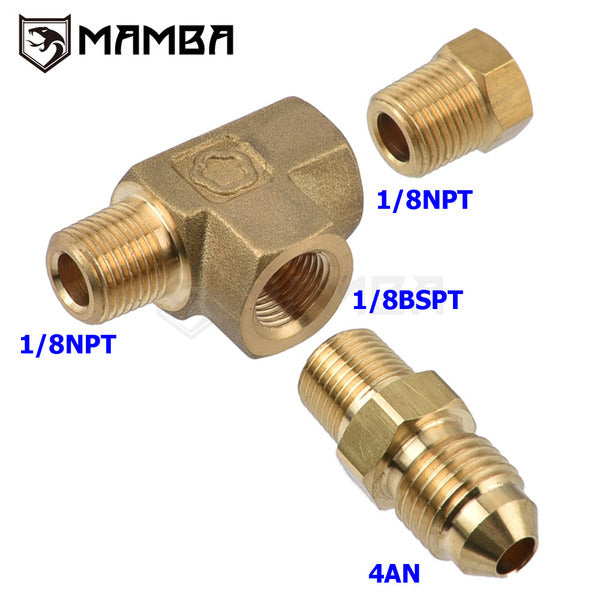 Mamba Brass Engine Oil Pressure Tee Adapter Set 1/8 NPT (M) to 4AN x 1/8 NPT x BSPT
