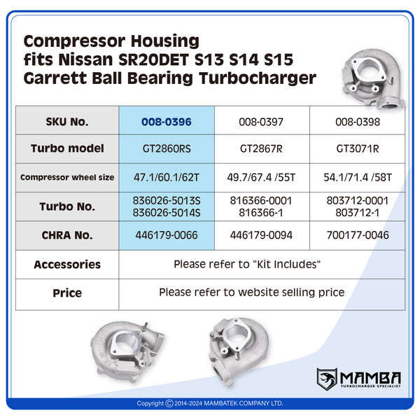 Mamba Compressor Housing fits Nissan SR20DET S13 S14 S15 Garrett Ball Bearing Turbocharger — GTX2860RS