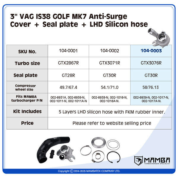 Mamba GOLF MK7 IS38 3" Anti-Surge Turbo Compressor Housing + LHD Silicon Hose — GTX3076R