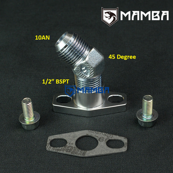 Mamba Turbocharger Oil Return Flange Kit w/ 45 Deg 10AN Fitting For Garrett GT25R GT28R 38mm