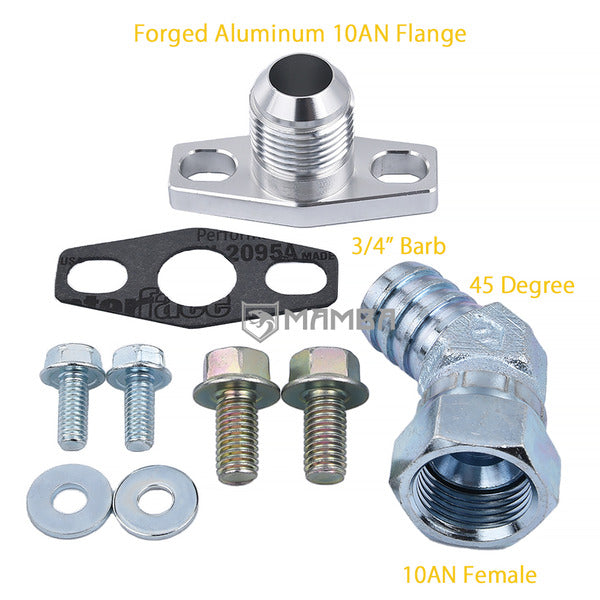 Mamba 45 Deg 3/4" Barb Turbocharger Oil Return Flange Kit Garrett T25 T28 TB25 TB28