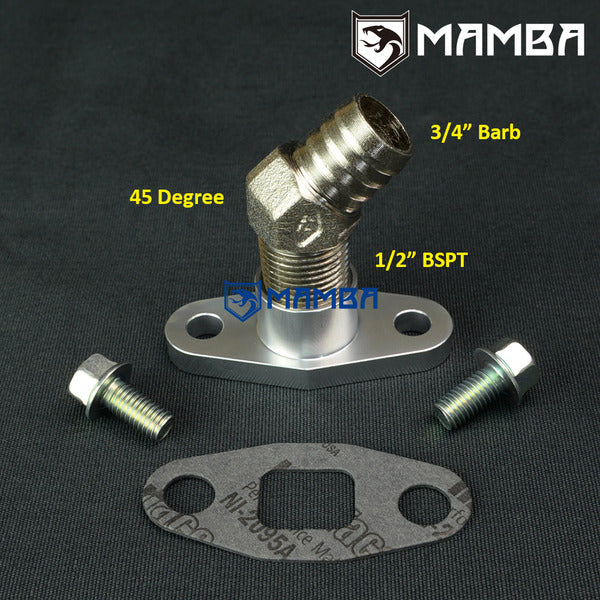 Mamba 45 Deg 3/4" Barb Turbocharger Oil Return Flange Garrett T3 T4 TB03 T04B T04E T60 T61