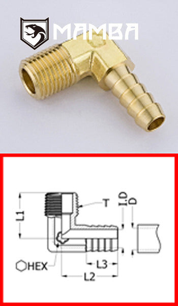 Mamba Turbocharger Adapter Fitting Male Hose-Barb Elbow 90 Deg 1/8 BSP to 1/4 Tube (50 pcs)