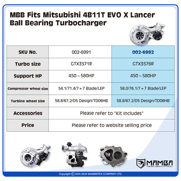 Mamba MBB Fits Mitsubishi 4B11T EVO X Lancer  Ball Bearing Turbocharger — GTX3576R