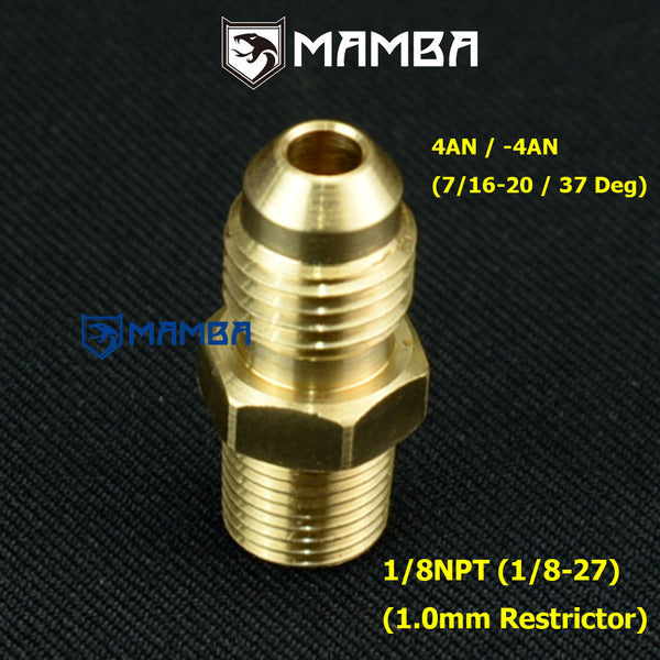 Mamba Turbocharger Brass Adapter Fitting with 1.0mm Restrictor 4AN to 1/8NPT