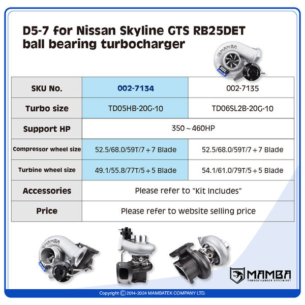 Mamba D5-7 for Nissan Skyline GTS RB25DET  ball bearing Turbocharger — TD05HB-20G-10