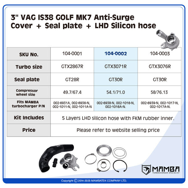 Mamba GOLF MK7 IS38 3" Anti-Surge Turbo Compressor Housing + LHD Silicon Hose — GTX3071R