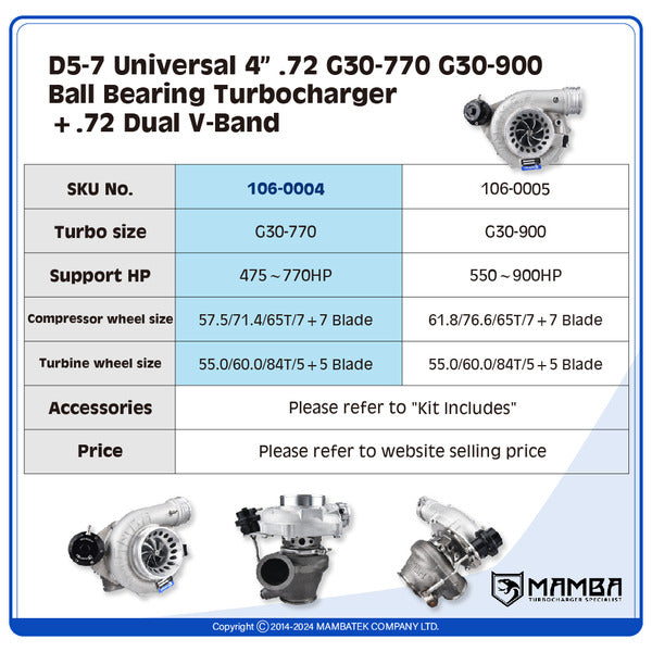 Mamba D5-7 Universal 4” .72 G30-770  G30-900 Ball Bearing Turbocharger + .72 Dual V-Band — G30-770