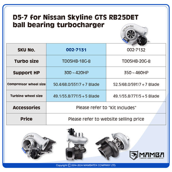 Mamba D5-7 for Nissan Skyline GTS RB25DET  ball bearing Turbocharger — TD05HB-18G-8