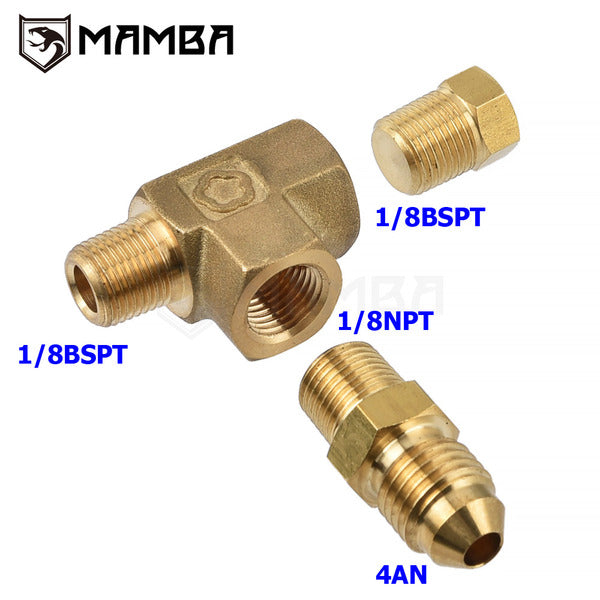 Mamba Brass Engine Oil Pressure Tee Adapter Set 1/8BSPT (M) to 4AN x 1/8 NPT x BSPT