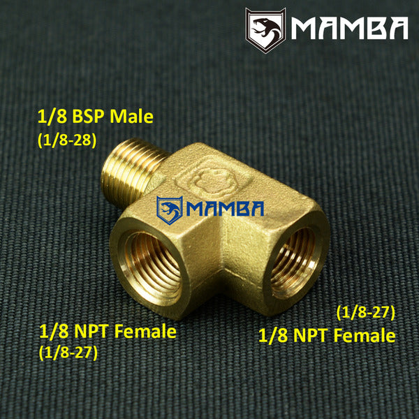 Mamba Oil Pressure Sensor Gauge Adapter T Fitting 1/8" BSPT to NPT Turbocharger Supply Feed